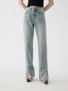 Damen Jeans lang 2024 Schlitz hohe Taille Reißverschluss lose Vintage gerade Denim-Hose