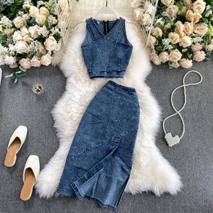 Amolapha Kadınlar Denim Vestskirts Setler Kolsuz Kayışlar Topsjean Etek Takım Kıyafetler 240315