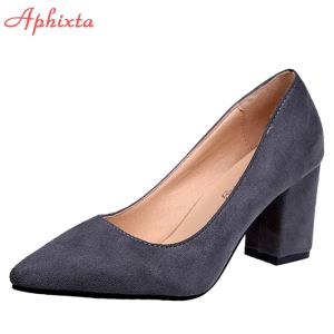 ブーツaphixta Shoes Square Heel Women Pointed Toe Pumps Fashion Grey High Heels Flock Leather Black Party Shoes Plus Big Size 47 48 50