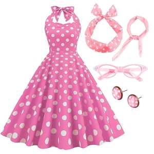 Vestido rockabilly feminino de bolinhas vestido flare com conjunto de acessórios brincos faixa de cabeça vestido de óculos