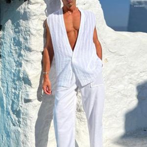 Herrtankstoppar avslappnad bomullslinne strandstil Lös andningsknapp V Neck Vest Cardigan Men 2024 Summer Striped Camisole