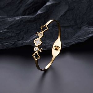 Mode Edelstahl Armreifen Armband Vier Kleeblatt Zirkon Glück Manschette Armbänder für Frauen Schmuck Geschenke Mujer Pulseras