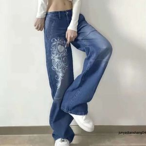 Designer-Damenjeans mit hoher Taille eignen sich für trendige Print-Stickmuster, lockere High-End-Jeans mit weitem Bein.