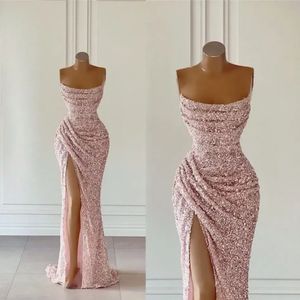 Rose Gold Pink Sequins Sukienki Promowe Seksowne syrena bez ramiączek Split High Evening Suknie