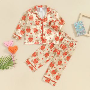 Kleinkind-Mädchen-Jungen-Valentinstag-Pyjama-Set mit niedlichem Aufdruck, Button-Down-Oberteil und Hose, Nachtwäsche für Unisex, 2-teiliger Schlafanzug 240313