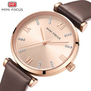 Mini Focus Brand Watch Minimalist and Formanable ، حزام جلدي مطعمة بالحركة اليابانية للماء 0335L