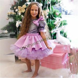 Mädchen Kleider Lila Satin Tüll Puffy Baby Geburtstag Party Kleider Große Schleife Kurzarm Blumenkleid Prinzessin Weihnachten Jahr Kleid