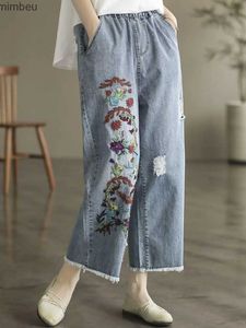 Women's Jeans Vintage Embroidered Rough-rimmed Jeans Womens 2023 New Denim Straight Trousers Loose Oversized Ankle-length PantsC24318