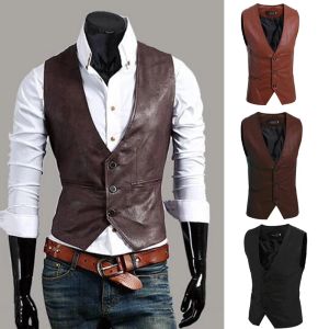 Vests Men's Vest Black Coffee PU Leather Retro Tooling Waistcoat Jacket Casual Slim Fit Gilet Homme Vest 2023