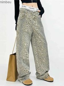 سراويل جينز للسيدات Houzhou Leopard Jeans Women Denim Pants Edulder Wide Leg Senters Streetwear Hip Hop Vintage Vintage Vintage Casualc24318