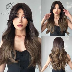 Synthetic Wigs Blonde Unicorn Synthetic Long Wavy Wig Ombre Brown For Women Daily Party Wedding Use Wigs Heat Resistant Fiber Bangs Hair 240328 240327