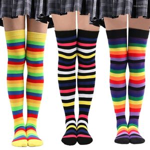 Skarpetki dla kobiet w pasie Rainbow Knee Striped Wysoko kolorowy cosplay udowy