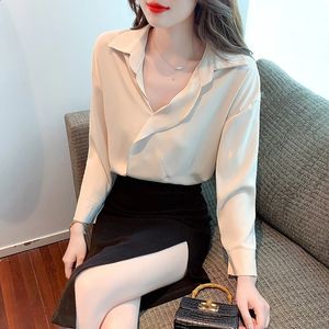 가을 겨울 여자 긴 슬리브 폴로 목 단순한 셔츠 소매 단수 다목적 시폰 탑 Blusas 블라우스 A788 240226