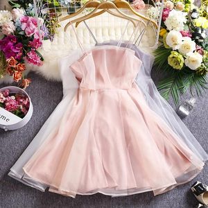 Casual Dresses 2024 Summer Tutu Ball Gown Mesh Women Sleeveless Axless Spaghetti Strap Dress Ladies A Line Mini Short Vestidos