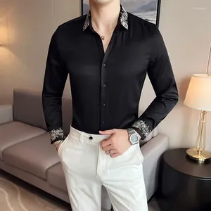 Camisas casuais masculinas y2k homens vintage manga longa camisa preta moda havaiana slim fit bordado carga homens chemise homme