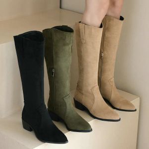 Botas 2022 Inverno Novo Faux Suede Couro Exército Verde Olive Apricot Cor Plus Size 44 45 46 Office Western Lady Womens Kneehigh Boots