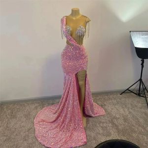 Glitter Pink Sequins Prom Dresses Sexy Sheer Jewel Neck Sequined Tassels Dress For Black Girls Gala Party Split Evening Gowns