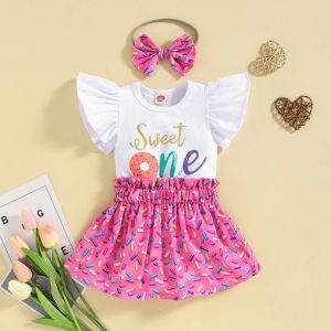 Abiti mababy 018M Neonato Neonato Vestiti per bambina Set Ruffle Lettera One Pagliaccetto Ciambelle Stampa Gonne Compleanno Costume estivo D01