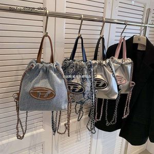 Cheap Wholesale Limited Clearance 50% Discount Handbag Womens New Denim Double Shoulder Trendy Casual Backpack Chain Single Bucket Bag