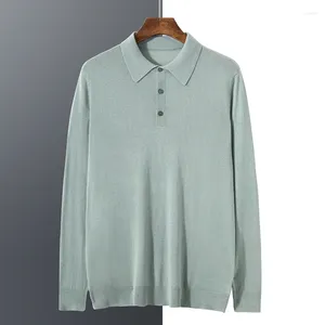 Herrpolos 2024 Vår- och sommarmodeller 85%Mulberry Silk 15%Cashmere Imitation Polo Shirt stickade långa ärmar