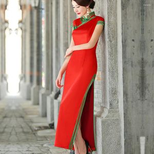 Bühnenkleidung Frühling Sommer Rot Blau Langes Cheongsam Abendkleid Mode Kostüme Bankett Qi Pao Elegant