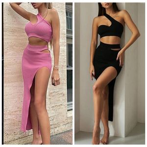 Work Dresses Women Sexy Two Piece Skirt Sets Summer Solid Color One-shoulder Vest And Slit Long Ladies Suits Party Club Wear