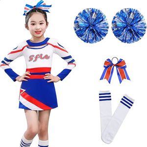 Lange Ärmel Blau Mädchen Cheerleading Kostüm Uniform Kinder Frauen Cheerleader Tanz Outfit Rundhalsausschnitt Patchwork Stil Pompons 240305