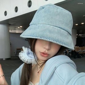 Berets Japanese Spring And Summer Washed Old Denim Bucket Hat Women Short Brim Sun Protection Versatile Street Solid Color Bob Cap