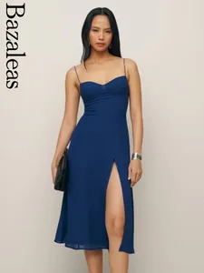 Casual Dresses Bazaleas Store Elegant Dark Blue Women's Retro Slim Spaghetti Stems klänning Sexig Split Tube Top Party 2024