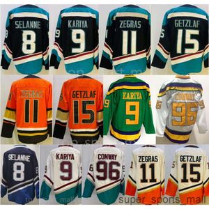 Mighty 11 Trevor Zegras Trikots Hockey 15 Ryan Getzlaf 8 Teemu Selanne 9 Paul Kariya 96 Charlie Conway Team Weiß Orange Schwarz Filmgrün 1993 Vintage Herren Guter Stich