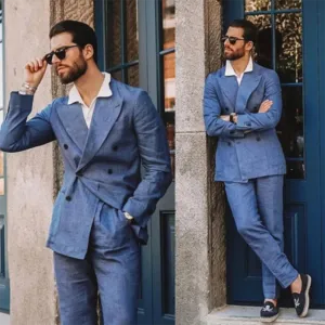 Suits New Male Suit England Style Casual Slim Fit Linen 2 Piece Chic Peak Lapel Double Breasted Blazer Wedding Groom Beach Thin Suit