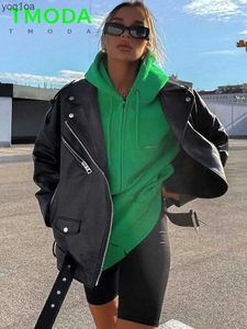 Women's Leather Faux Leather T MODA Spring Autumn Faux Leather Jackets Women Loose Casual Coat Female Drop-shoulder Motorcycles Locomotive Outwear With BeltL2403