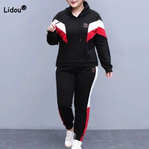 Conjunta plus size moda de moda contraste a cor de cordão longa de manga longa Elastic de cintura elástica calça solta esportes casuais dois peças