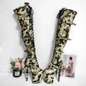 Botas Mclubgirl 20cm Camuflagem sexy sobre a plataforma de botas de joelho saltos altos tamanhos de boate de tamanho grande