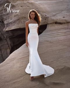 Beach Sexy Mermaid Wedding Dress Elegant Soft Satin Strapless White Bridal Gowns Sleeveless Lace Up Backless Floor length YD