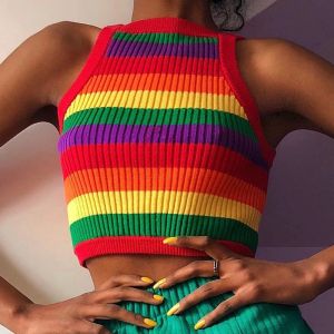 Tops Summer Woman Sleeveless Rainbow Printed Tank Tops Tops Streetwear Crop Tops Vest Red Sexy Knitted Tank Top 2023 Female Clothes