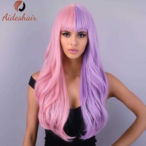 Perucas sintéticas combinando cor longa rosa roxo peruca ondulada com franja para mulheres peruca encaracolada sintética natural peruca de fibra resistente ao calor para diariamente Co 240328 240327