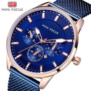 MINI FOCUS Minimalist Business Quartz Night Glow Calendar Waterproof Mesh Belt Men's Watch Fake Three Eyes 0178G