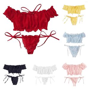 Conjuntos de sutiãs Ruffle Lace Sexy Lingerie Mulheres Pijamas Meninas Bowknot Strapless Bandeau Tops Roupa Interior Lenceria Sensual Trajes Exóticos