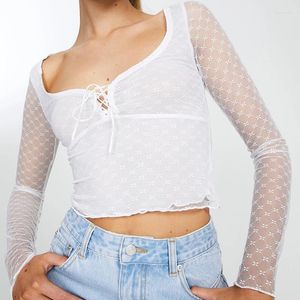 Koszulki damskie kobiety vintage szczupły fit topy bajki kokiete siatka Sheer T-shirt Sexy See Through Tie do Krawę