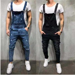 Mens rippade jeans jumpsuits high street oroliga denim hakgängs overaller för manliga suspender byxor hip hop casual jeans