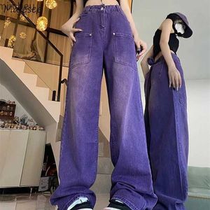 Damen Jeans Lässige Jeans Frauen Vintage Lose Lange Gerade Denim Cargohose High Street Einfach Solide Neu Trendy American Purple Hip HopC24318