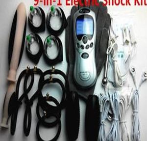 9in1 Electric Shock Therapy Kit Bondage BDSM Gear Urethral Plug Nipple Clips Anal Vaginal Dildo Gloves Cock Penis Ring Cupping S3624357