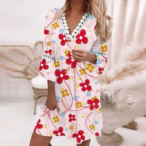 Casual Dresses Women Spring V Neck Floral Printing Dress Summer Short Sleeve Loose Fashion Pleated H Line Long Lace Trim