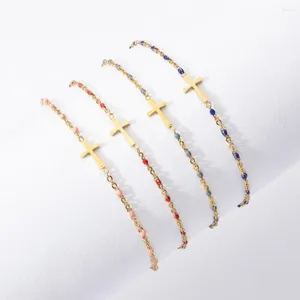 Strand Stainless Steel Girls Cross Pendant Colorful Enamel Bracelet Women Korean Style Hand Chain Jewelry Accessories