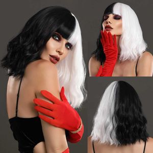 Sentetik peruklar namm cadılar bayramı cosplay peruk sentetik saç peruk siyah beyaz doğal bob wavy peruk ile patlama ile cruella şeytan peruklar kadınlar için 240328 240327