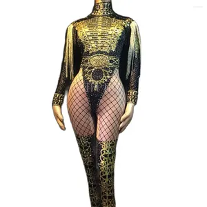 Palco desgaste brilhante ouro franjas epaulet strass macacão mulheres jazz dança estiramento bodysuit outfit noite mostrar traje de uma peça