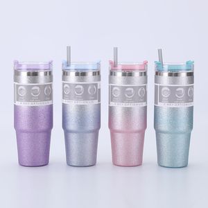 Tazza thermos in acciaio inossidabile con glitter sfumato Bottiglia d'acqua in paglia da 30 once bollitore home office Tazza da caffè in metallo da 20 once per bere direttamente