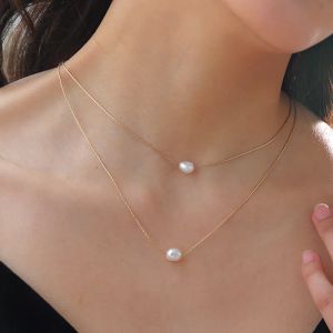 14k ouro amarelo nova moda jóias finas 2 camadas natural de água doce pérola encantos corrente gargantilha colares pingente para w