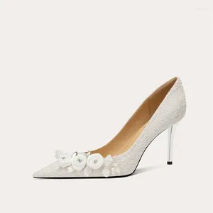 Dress Shoes Women's Wedding Bridal High Heels Flower White Point Toe Pumps